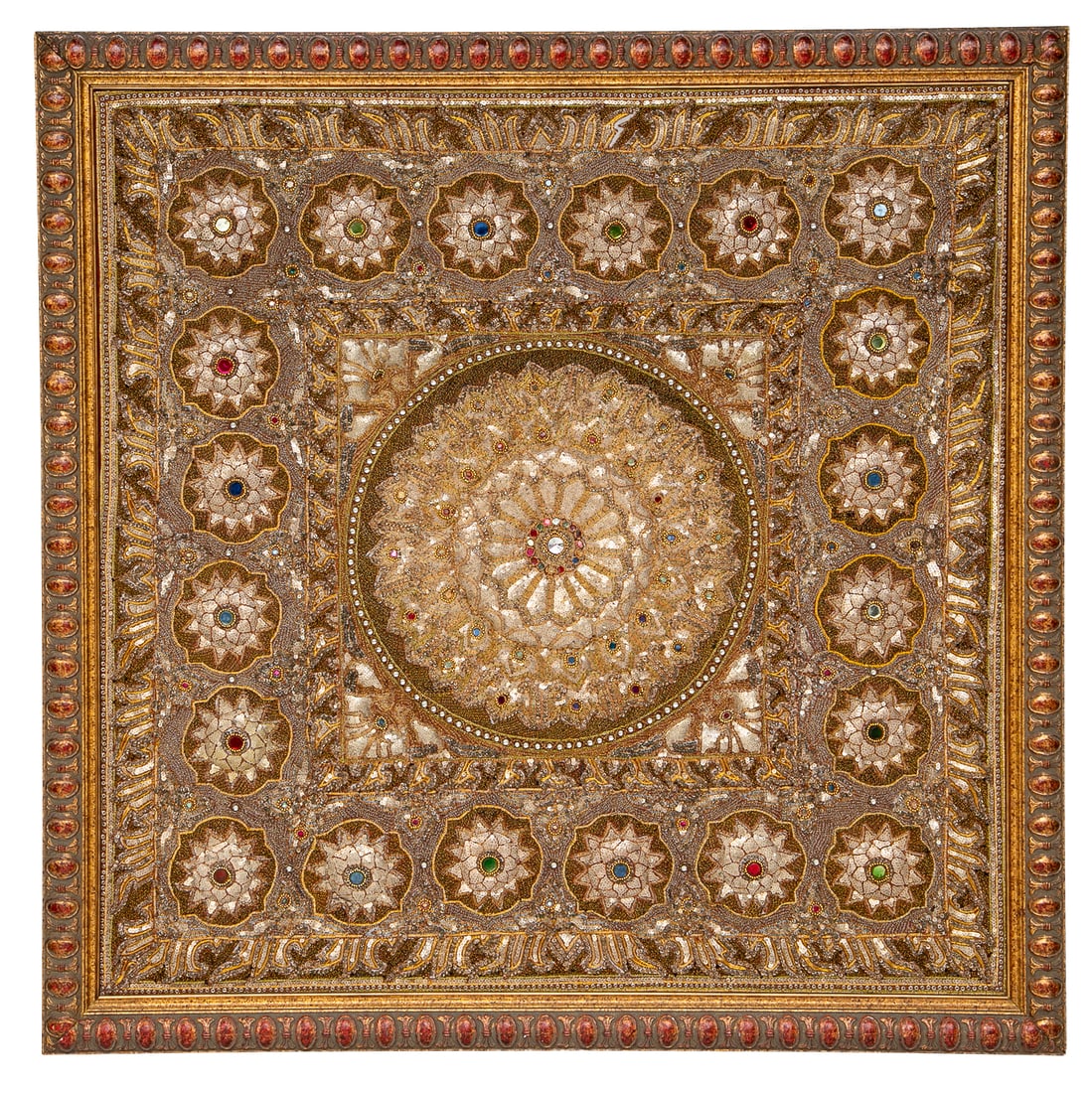 Vintage Indian Decorative Framed Fabric and Sequin Embroidered Wall Decoration: Vintage Indian Decorative Framed Fabric and Sequin Embroidered Wall Decoration, Having Center Circular Floral Design, Surrounded by Leaf Designs, Encased in Square Inside of Another Square, Sequin and