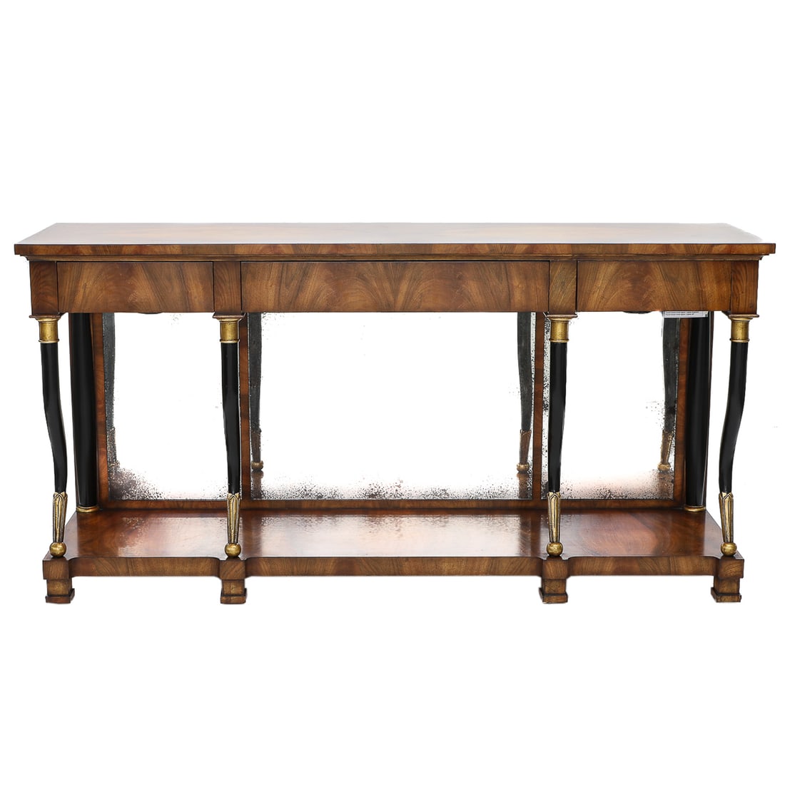 Vintage John-Richard "Berlin" Walnut Console Table: Vintage John-Richard "Berlin" Walnut Console Table, Discontinued, Empire Style, Having One Center Drawer Flanked by Two Smaller Drawers, Ebonized S-Curve Front Supports with Gold Leaf Accents, Lower S