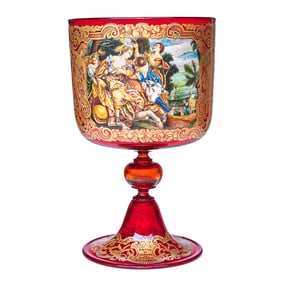 Late 19th/Early 20th C. Large Italian Venetian Style Ruby Red Glass Pedestal Bowl with Gilt and