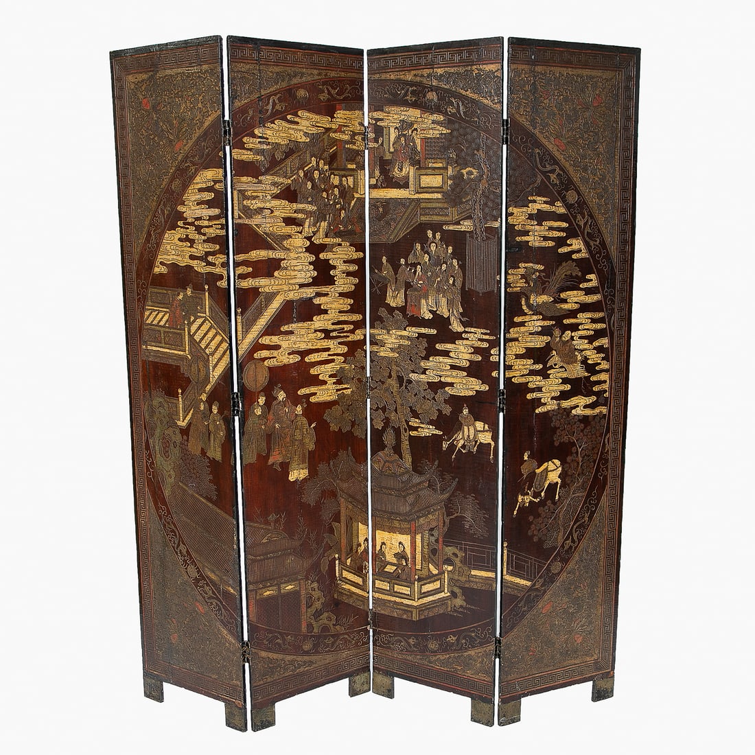 Vintage Chinese Coromandel Lacquered Four Panel Screen/Room Divider: Vintage Chinese Coromandel Lacquered Four Panel Screen/Room Divider, Having Simple Border Followed by Greek Key Design Border, Front Features Circular Design Spanning All Four Panels Depicting Intrica