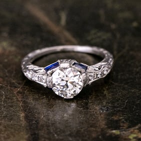 Art-Deco Platinum Filigree Natural Diamond Engagement Ring, Size 6.25