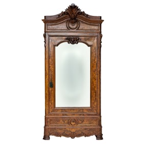 Late 19th C. French Walnut and Burl Walnut Napoleon III Style Mirror Door Armoire,