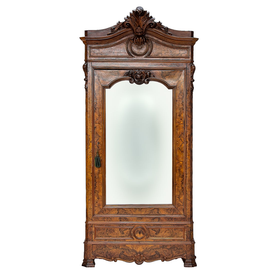 Late 19th C. French Walnut and Burl Walnut Napoleon III Style Mirror Door Armoire,: Late 19th C. French Walnut and Burl Walnut Napoleon III Style Mirror Door Armoire, Having Acanthus Leaf Carved Center Top Cartouche, Mirror Door Features Floral and Scroll Carved Top, Leaf Carved Top
