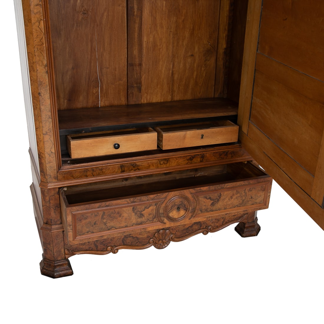 Late 19th C. French Walnut and Burl Walnut Napoleon III Style Mirror Door Armoire, - 9