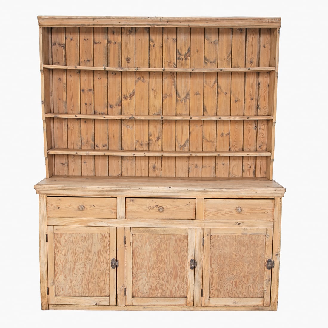 Vintage Pine Hutch: Vintage Pine Hutch, Having Molded Top, Open Front Featuring Three Shelves, Brass Tea Cup Hooks on Fronts of Shelves, Grooved Plate Rack on Backs of Shelves, Three Drawers Featuring Wooden Knob Pulls,