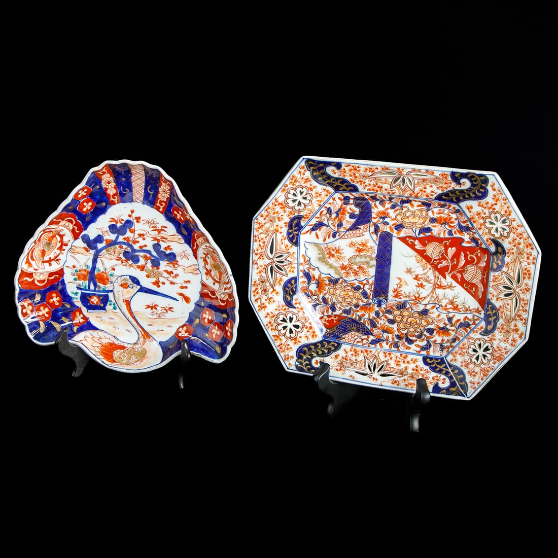 Late 19th/Early 20th C. Japanese Imari Dishes, Two Total: Late 19th/Early 20th C. Japanese Imari Dishes, Two Total, Includes One Fan Shaped Dish Featuring Floral and Bird Center, Surrounded by Alternating Floral Panels, Scalloped Edges, in Cobalt Blue,