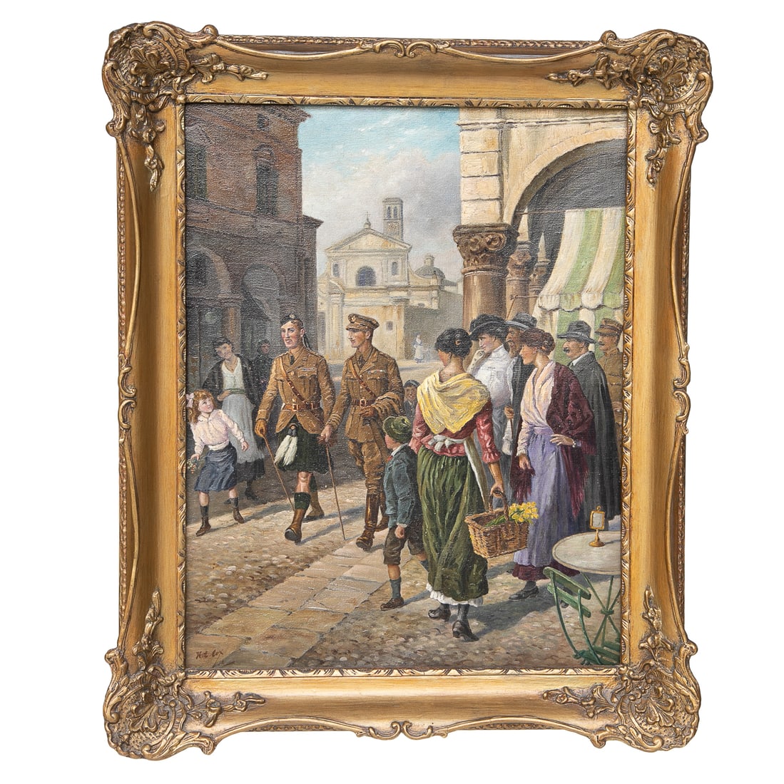 Antique Street Scene, Oil on Canvas: Antique Street Scene, Oil on Canvas, Depicting Two Military Figures Walking Along Street as Villagers Watch Admiringly, Signed Lower Left, Housed in Painted Frame Featuring Leaf and Floral Carved