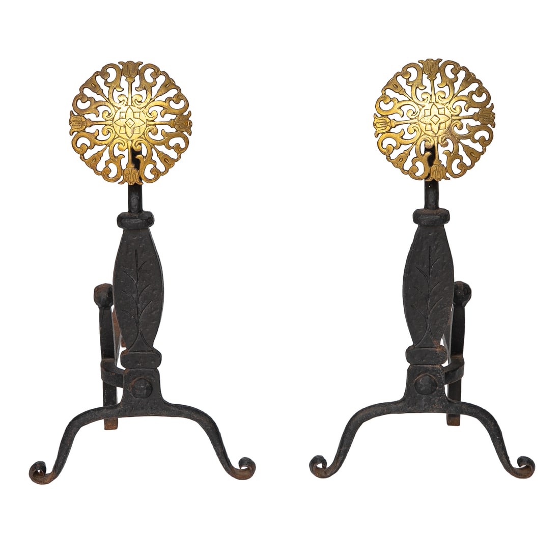 Vintage American Virginia Metalcrafters Style Wrought Iron and Brass Andirons, Pair: Vintage American Virginia Metalcrafters Style Wrought Iron and Brass Andirons, Pair, Having Pierced Brass Medallion Tops Featuring Floral and Scroll Designs, Resting on Iron Bases, Fronts Have Etched