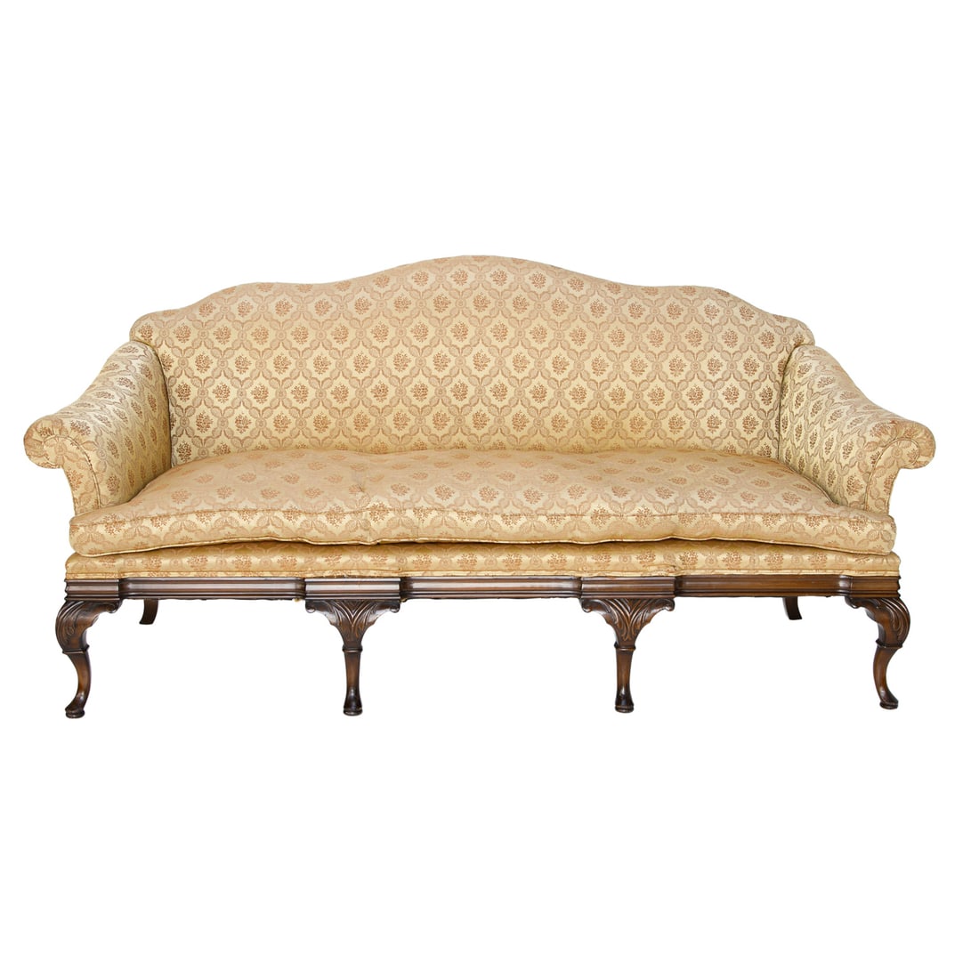 Vintage Walnut English Style Shaped Back Sofa: Vintage Walnut English Style Shaped Back Sofa, Having Molded Apron, Resting on Two Cabriole Back Legs and Four Cabriole Front Legs Featuring Acanthus Leaf Carved Knees, Terminating in Pad Feet, One