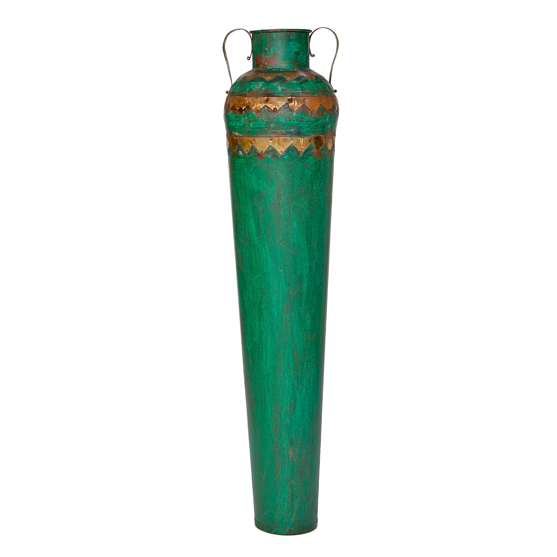 Vintage Emerald Green Tole and Brass Floor Vase: Vintage Emerald Green Tole and Brass Floor Vase, Having Tapered Cylindrical Emerald Green Body, Brass Scroll Handles, Neck Features Triple Triangular Brass Details. 52.5" High, 12.5" Diameter