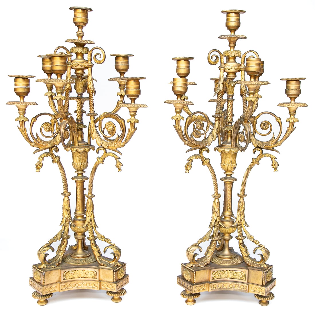 French Napoleon III Style Gilt Bronze Seven Light Candelabras, Pair: French Napoleon III Style Gilt Bronze Seven Light Candelabras, Pair, Having One Center Cup, Three Scroll Form Branches Featuring Twisted Rope Designs Coming From Center Support, and Attach To Base in