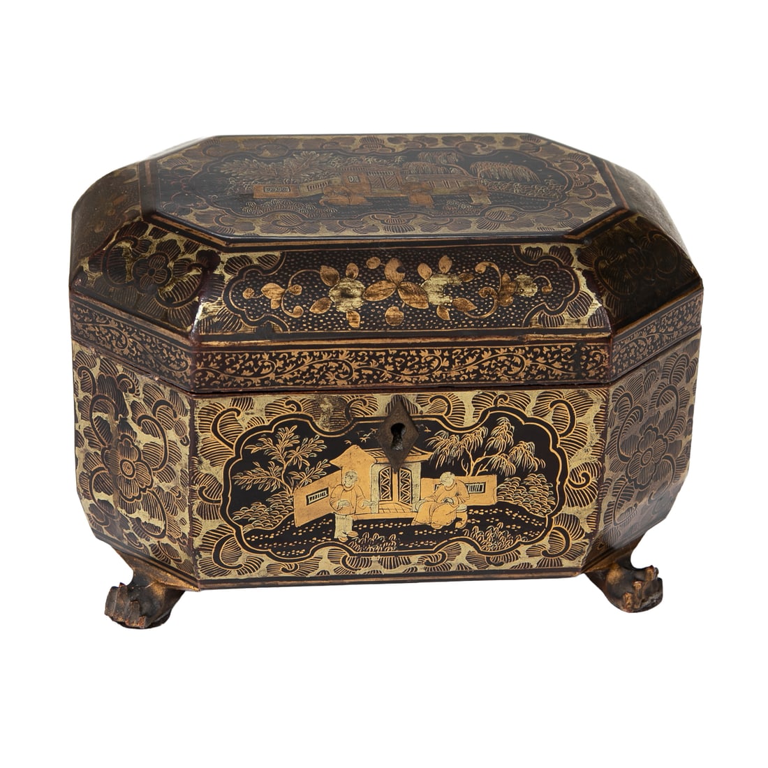 Late 19th C. English Black Lacquered Japanned Tea Box: Late 19th C. English Black Lacquered Japanned Tea Box, Octagonal Shape Top Features Figural Village Scene Surrounded by Leaf and Floral Design Border, Hinged Lid Reveals Two Pewter Hexagonal Shape Tea