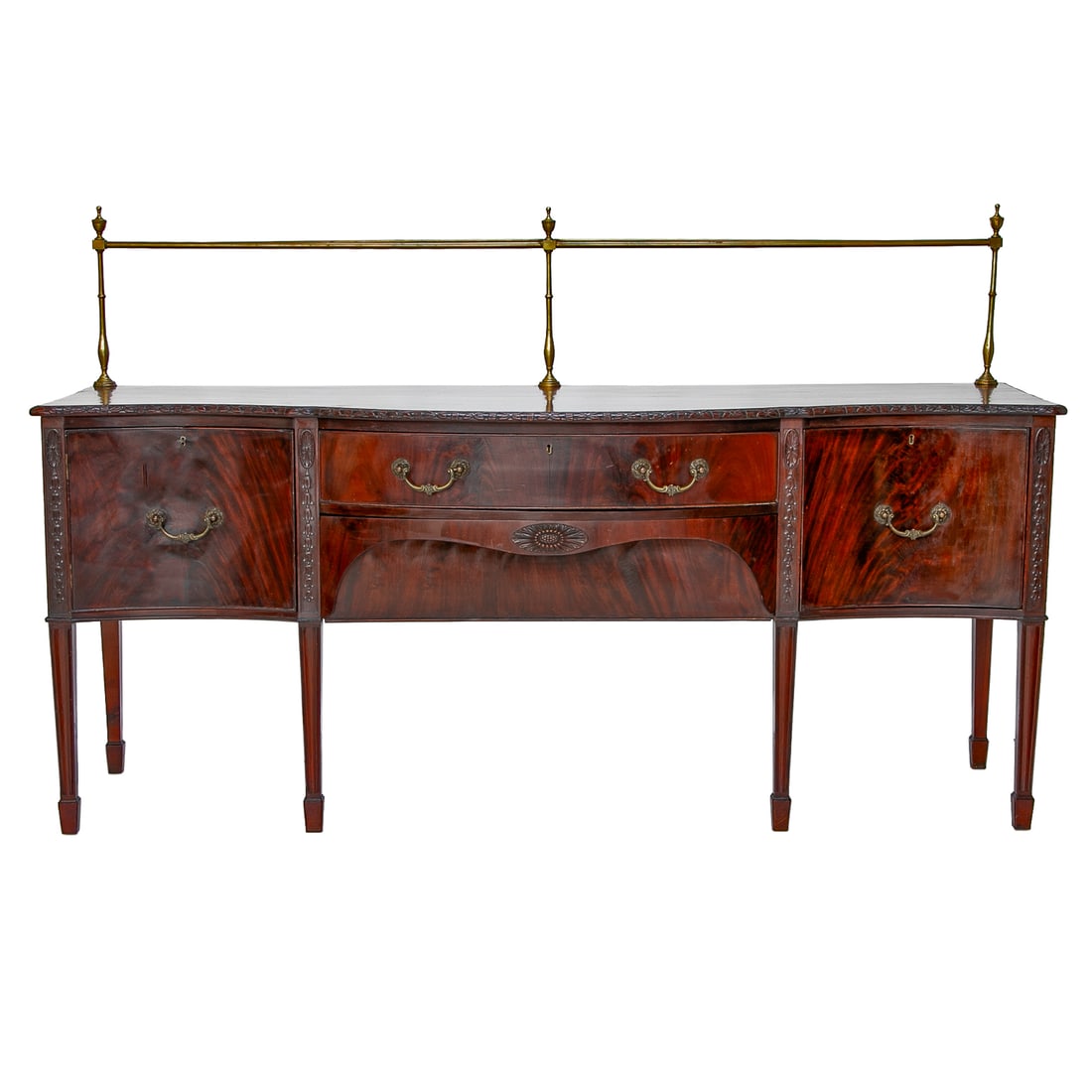 Late 19th C. English Mahogany Serpentine Front Sideboard: Late 19th C. English Mahogany Serpentine Front Sideboard, Having Brass Rail, Serpentine Shape Front Featuring Carved Floral Edge, One Full Drawer Featuring Fitted Interior for Storage Atop One Full