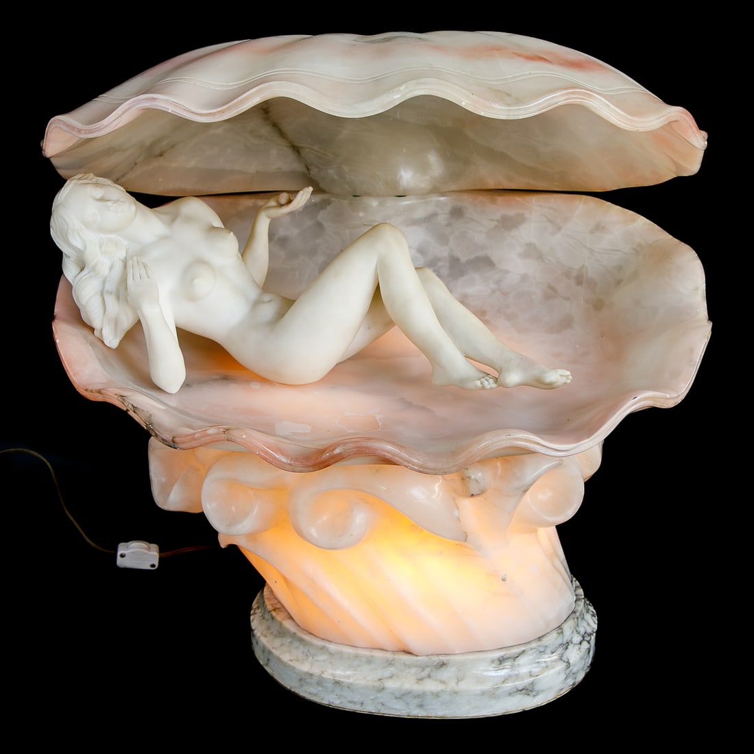 Mid 20th C. Large Italian Carved Alabaster Figural Shell Lamp: Mid 20th C. Large Italian Carved Alabaster Figural Shell Lamp, Highly Decorative Carved Open Clam Shell Form, Interior Reveals a Reclining Nude Female Figure in the Manner of Venus, Resting on Wave Fo