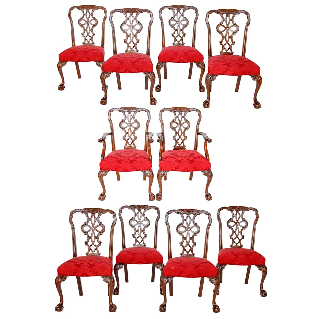Mahogany Chippendale Style Dining Chairs, Set of 10: Mahogany Chippendale Style Dining Chairs, Set of 10 (Eight Sides, Two Arms), High Quality Reproduction Chairs Modeled After Classic 18th Century English Chippendale Designs, Having Carved Top Rail, Pi