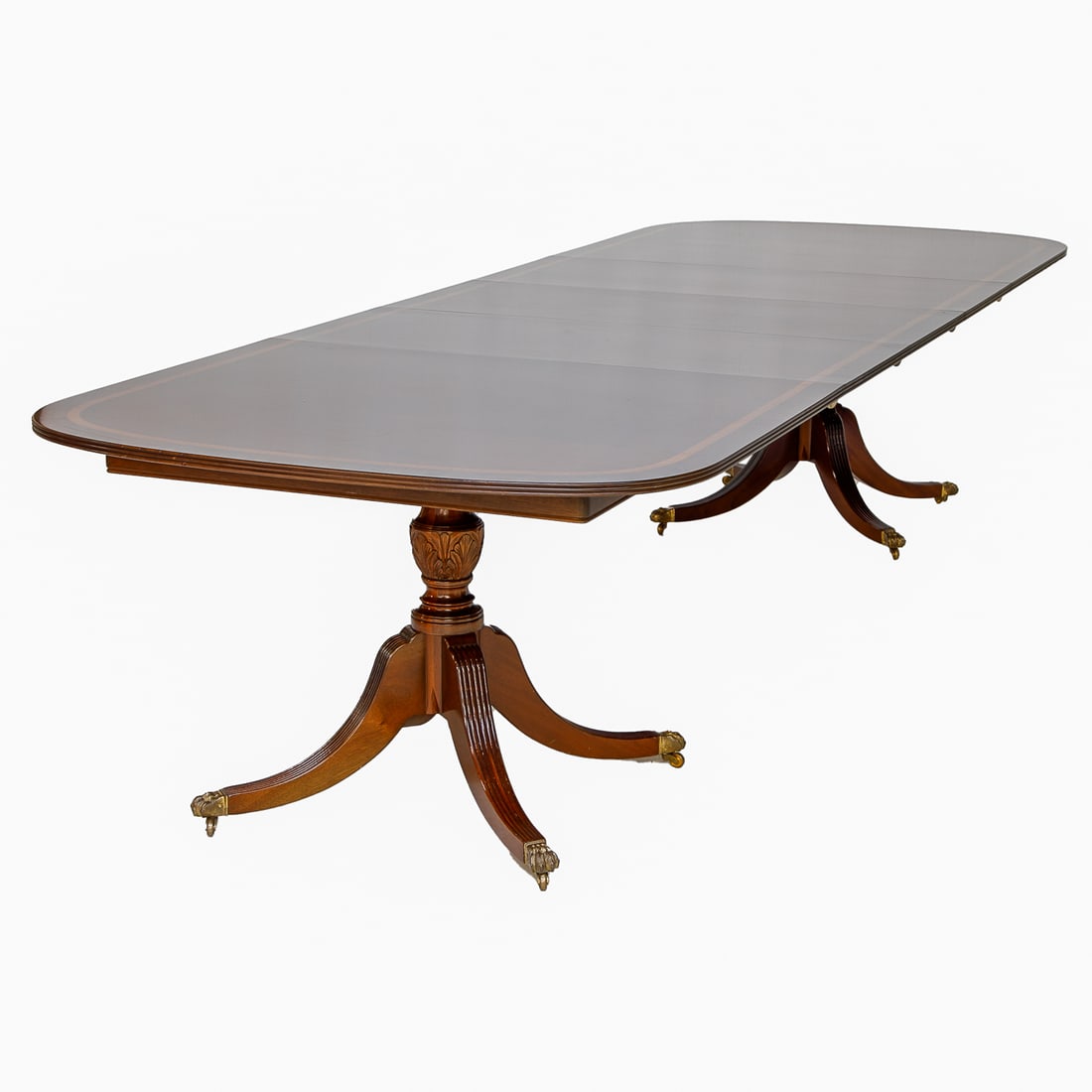 Sheraton Mahogany Double Banded Mahogany Two Pedestal Three Leaf Dining Table: Sheraton Mahogany Double Banded Mahogany Two Pedestal Three Leaf Dining Table, Having One Satinwood and One Rosewood Band on Top, Reeded Edge, Two Pedestals Featuring Acanthus Leaf Carved Columnar Sup
