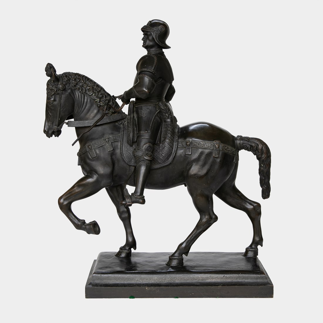 After Andrea Del Verrocchio Bronze Equestrian Bronze: After Andrea Del Verrocchio Bronze Equestrian Sculpture, Depicting Soldier on Horseback, Resting on Bronze Base, Signed Lower Left Front, Depicting Condottiere Bartolomeo Colleoni, Original is Located