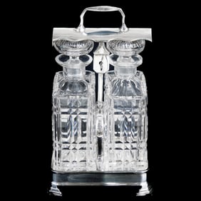 Early 20th C. English Ducal Plate and Cut Crystal Double Decanter Tantalus