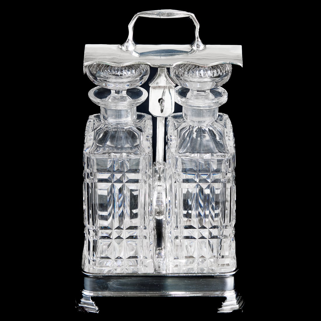 Early 20th C. English Ducal Plate and Cut Crystal Double Decanter Tantalus: Early 20th C. English Ducal Plate and Cut Crystal Double Decanter Tantalus, Northern Goldsmiths Company, Newcastle-Upon-Tyne, England, Reg'd No. 334132, Having Two Square Cut Crystal Decanters with Ma