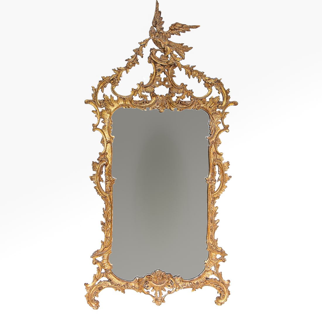 Vintage Gold Leaf Carved Chippendale Style Wall Mirror: Vintage Gold Leaf Carved Chippendale Style Wall Mirror, Having Carved Phoenix Bird Top Center, Holding Leaf Form Carved Swags in Mouth Cascading to Corners, Atop Pierced Carved Gadroon Leaves, Sides T