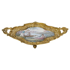 Late 19th C. French Hand Painted Porcelain Tray Encased in Detailed Bronze Ormolu Mount
