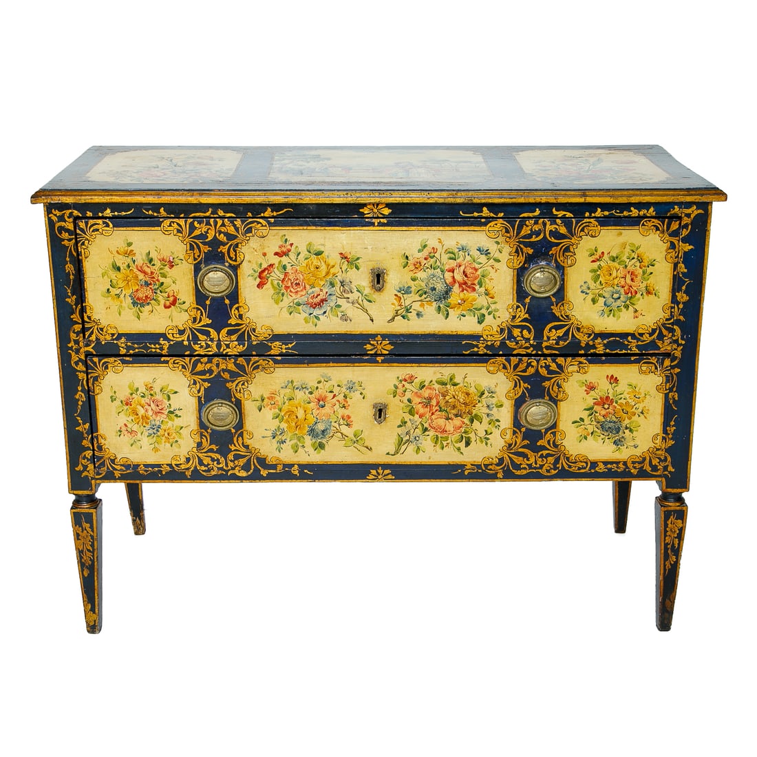 19th C. Painted Italian Commode: 19th C. Painted Italian Commode, Having Ebony Ground, Top Features Three Painted Panels, Multi Color Florals on Each End, Courting Scene in Center, Surrounded by Gold Scroll and Leaf Designs, Sides Fe