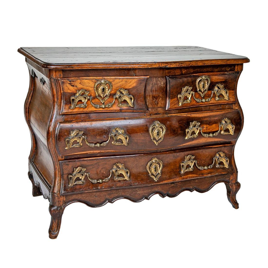 Early 19th C. French Walnut Commode: Early 19th C. French Walnut Commode, From Bordeaux Region, Having Serpentine Shaped Top, Bombe Shaped Sides, Two Small Drawers Over Two Full Graduated Drawers, All Having Gorgeous Pulls, Handles and E