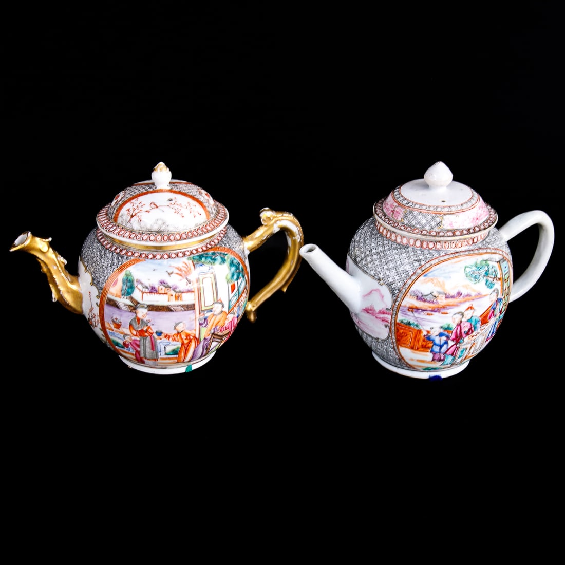 Early 19th C. Chinese Export Mandarin Tea Pots, Two Total: Early 19th C. Chinese Export Mandarin Tea Pots, Two Total, Includes One Having Globular Form, Mandarin Figural Panels, Gray Diapered Ground, 6.25" High, 9.5" Wide, 5.25" Deep; Along with One Having