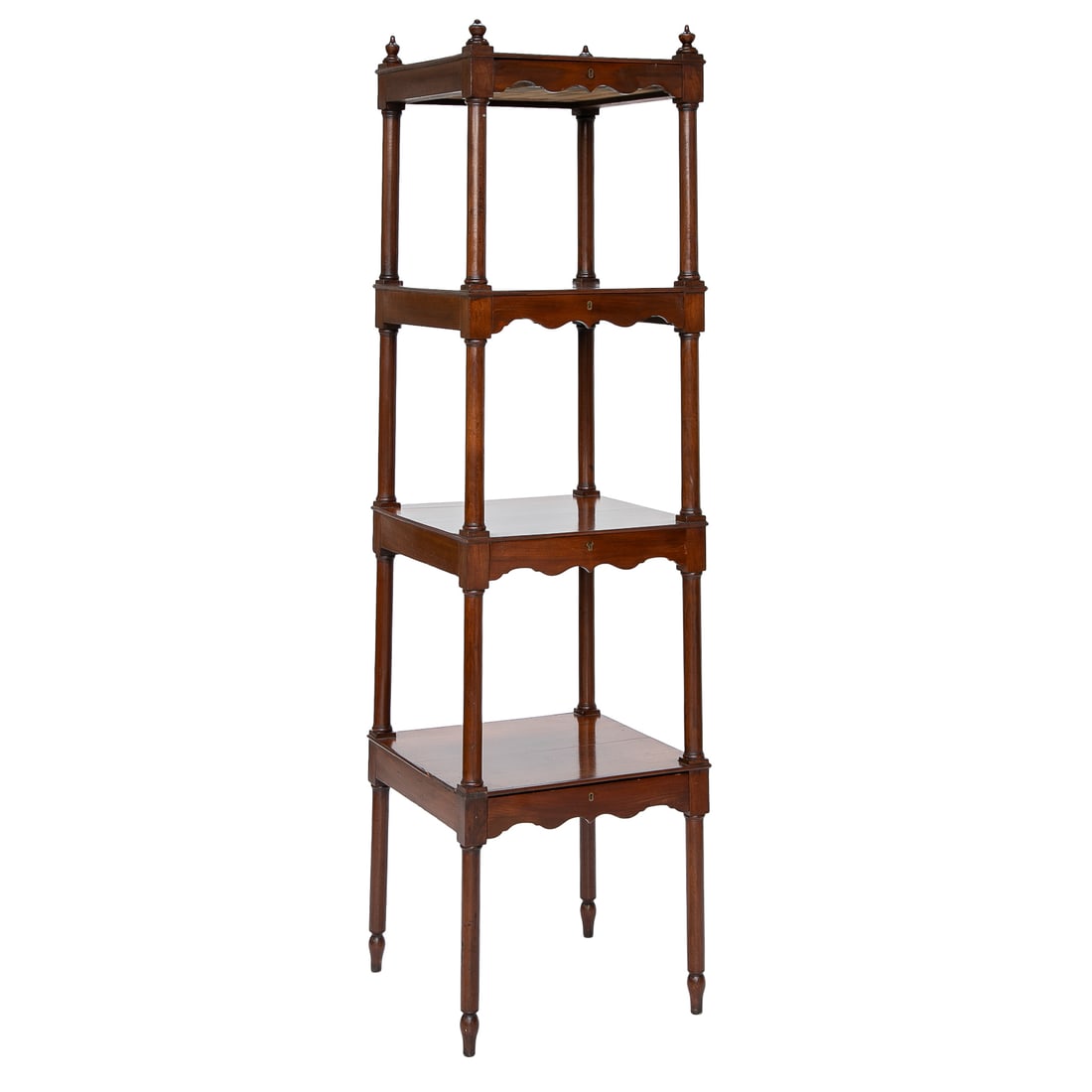 19th C. English Mahogany Four Tier What Not Stand: 19th C. English Mahogany Four Tier What Not Stand, Having Carved Finials at Each Top Corner, Graduating Shelves, Each Square Shelf Having Drawer Featuring Shaped Bottom and Brass Escutcheons, Each
