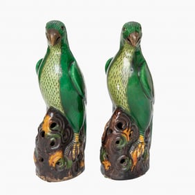 Late 19th C. Chinese Qing Dynasty Glazed Green Parrots, Pair