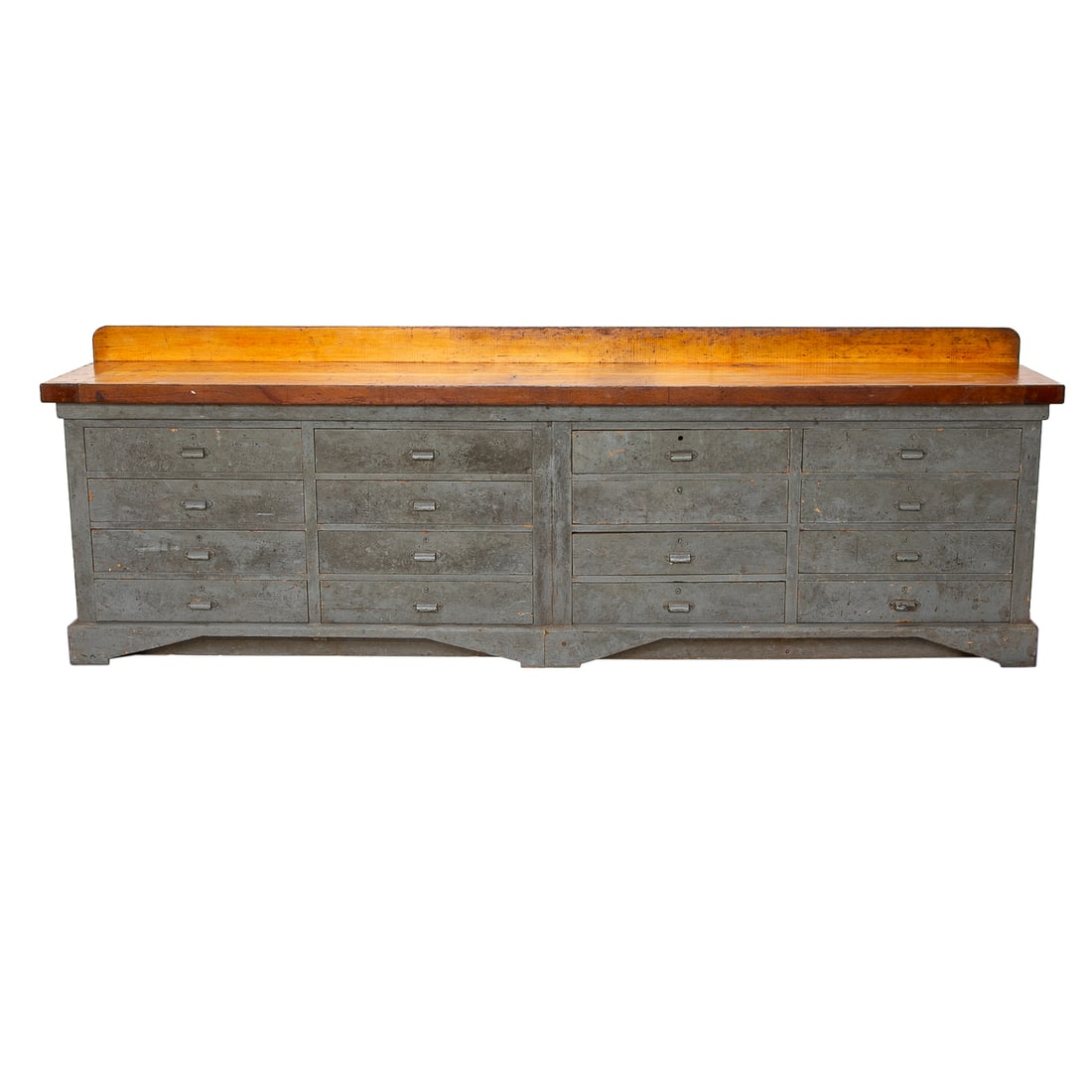 Custom Industrial Work Bench: Custom Industrial Work Bench, Having European Beech Wood Top and Back Splash, Wonderful Honey Patina, Body Having Multiple Hardwood Construction, Steel Gray Painted Finish, Featuring Sixteen Drawers,