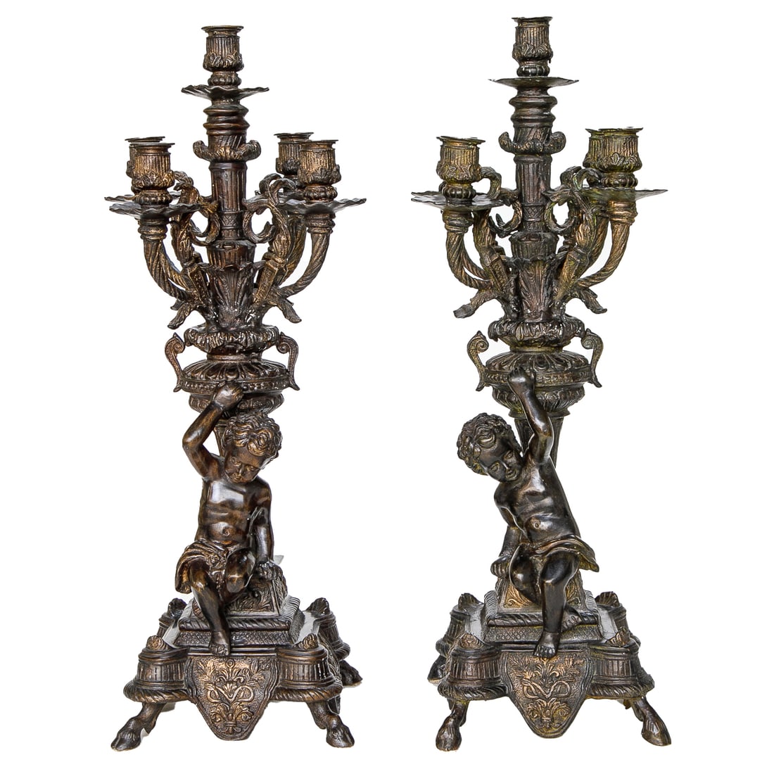 Louis XV Style Cast Spelter Putti Candelabra, Pair: Louis XV Style Cast Spelter Putti Candelabra, Pair, Having One Central Bobeche Surrounded by Four Additional Leaf Form Bobeches, Each Cups Having Floral Fluted Designs, Urn Shape Center Support,
