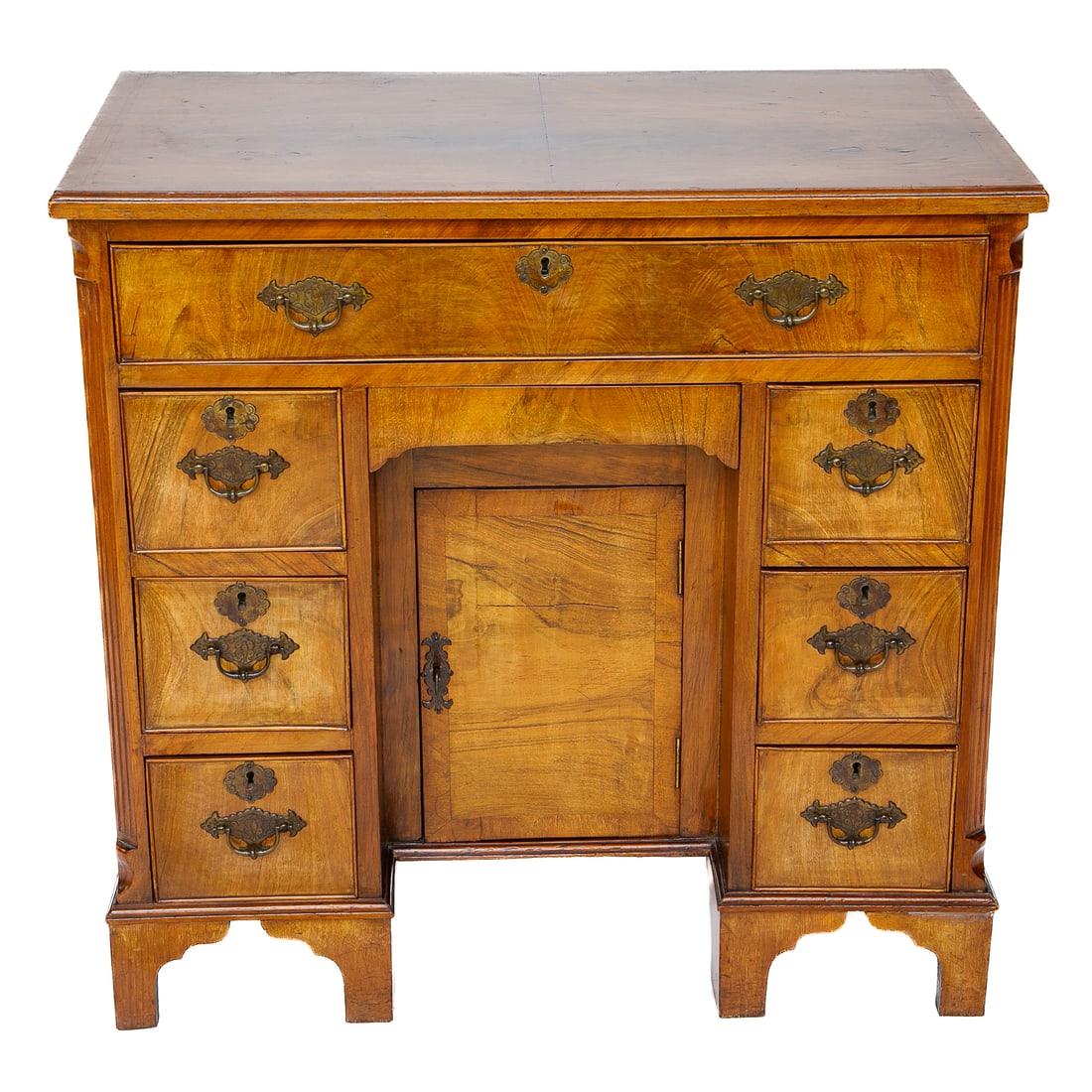 19th C. English Mahogany Georgian Style Kneehole Desk: 19th C. English Mahogany Georgian Style Kneehole Desk, Having Cross Banded and Herringbone Inlaid Top, One Full Drawer Over Three Small Drawers on Each Side, All Having Brass Pulls and Brass