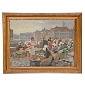 19th C. Danish Market Scene, Oil on Canvas
