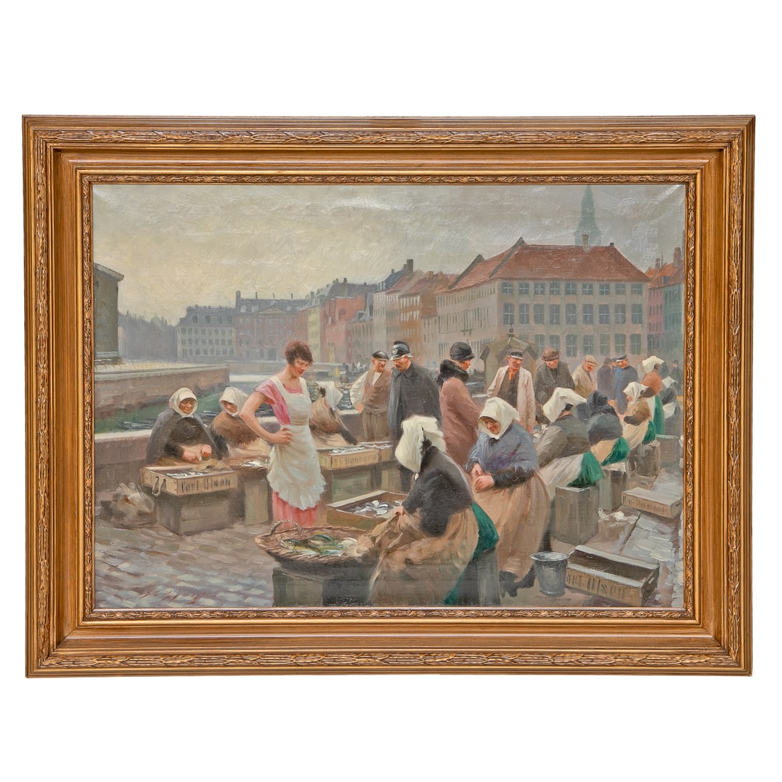 19th C. Danish Market Scene, Oil on Canvas: 19th C. Danish Market Scene, Oil on Canvas, Depicting Male and Female Villagers Conducting Business at the Street Market, Signed Lower Left, Housed in Newer Gold Leaf Frame Featuring Water Leaf Outer