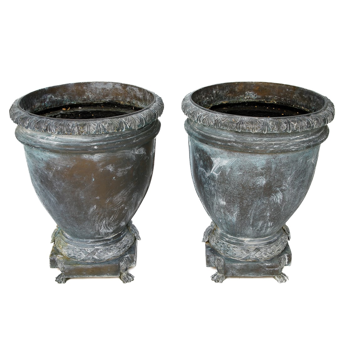 Verde Bronze Garden Urns, Pair: Verde Bronze Garden Urns, Pair, Having Verde Green Finish, Leaf Form Edge, Smooth Body, Water and Acanthus Leaf Bottom Edge, Resting on Shaped Base, Terminating in Paw Feet. 29.5" High, 24" Diameter