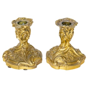 Late 19th C. Louis XV Style French Gilt Bronze Candlesticks, Pair
