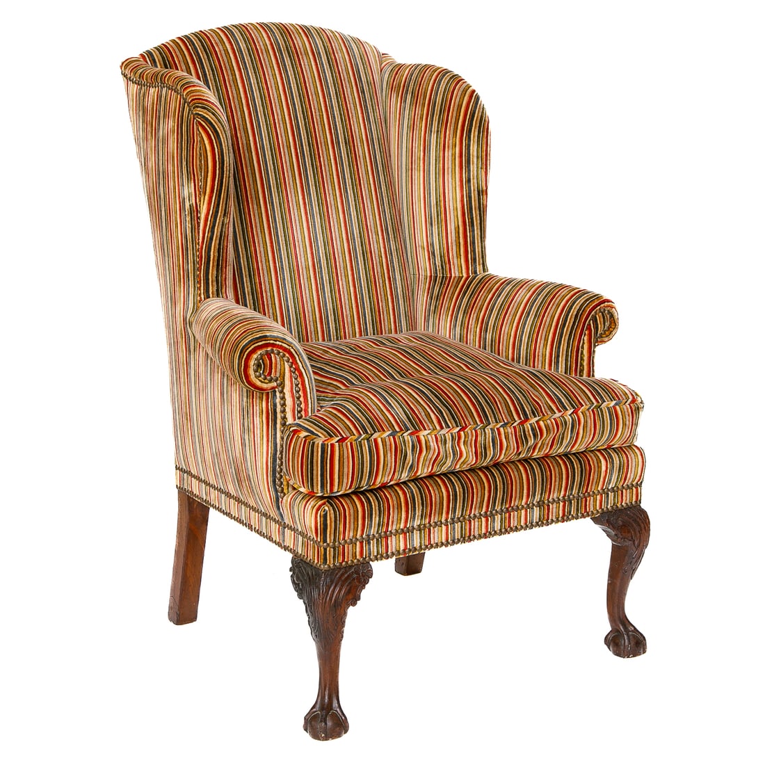 Late 19th C. English Mahogany Chippendale Style Wing Back Arm Chair: Late 19th C. English Mahogany Chippendale Style Wing Back Arm Chair, Having Dome Shaped Back, Rounded Wings, Roll Over Arms, Resting on Straight Back Legs and Cabriole Front Legs Featuring Acanthus