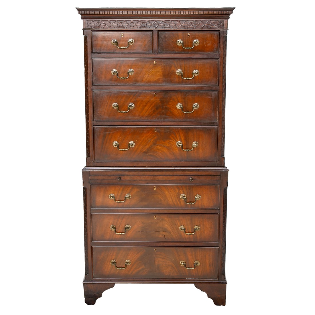 Late 19th/Early 20th C. English Mahogany Georgian Style Chest on Chest: Late 19th/Early 20th C. English Mahogany Georgian Style Chest on Chest, Having Dentil Crown Molded Cornice, Atop Carved Fret Work Top, Two Small Drawers Atop Three Full Graduated Drawers, Bottom
