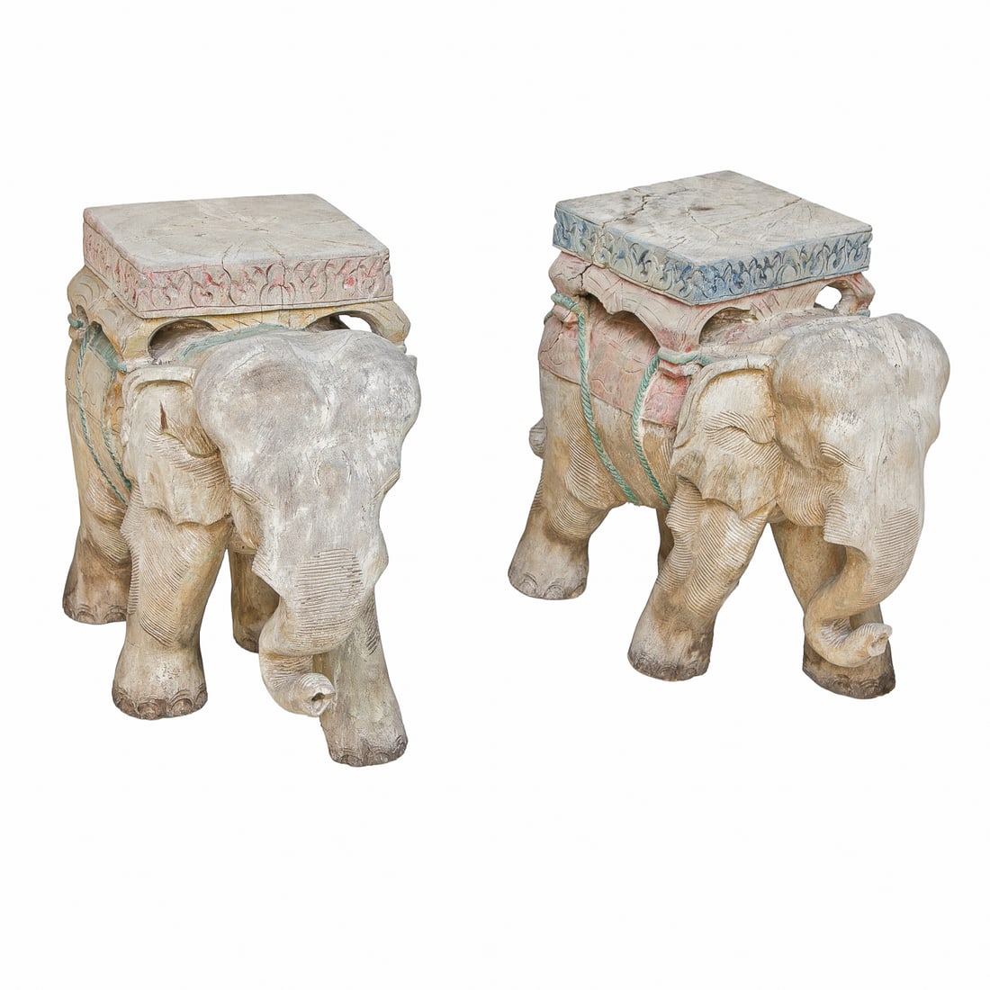 Antique Asian Style Carved Teak Wood Elephant Plant Stands/Garden Seats, Pair: Antique Asian Style Carved Teak Wood Elephant Plant Stands/Garden Seats, Pair, Having Wood Surface Atop the Backs, Jhool Featuring Twisted Rope Attachments, Upturned Trunk, Carved Details on Body. 18.