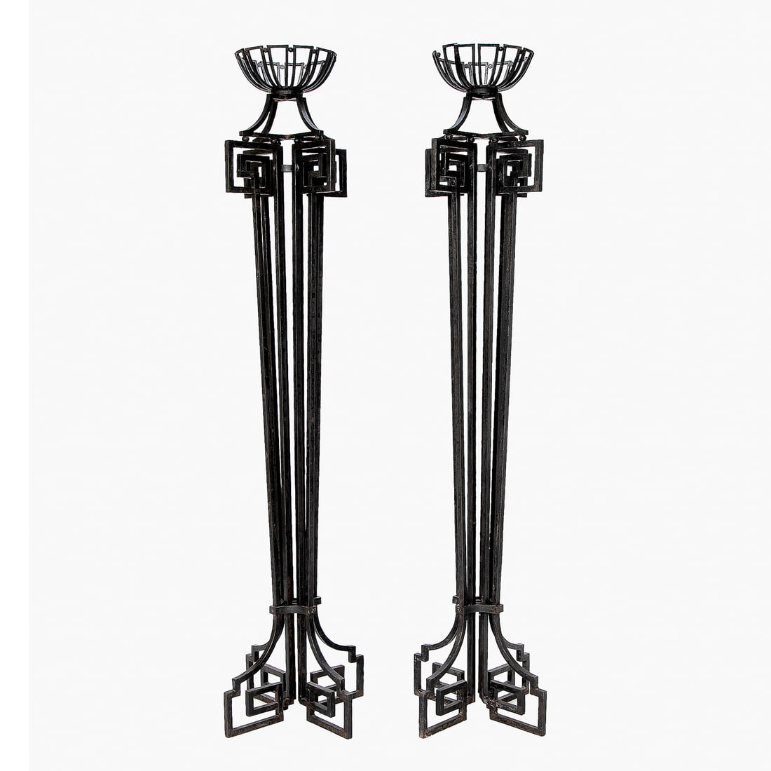 Vintage Large Art Deco Style Wrought Iron Torcheres, Pair: Vintage Large Art Deco Style Wrought Iron Torcheres, Pair, Having Dome Shape Bobeches and Circular Joints, Resting on Greek Key Designs, Center Having Multiple Square Tapered Supports, Resting on
