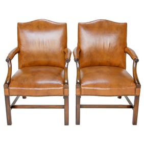 Pair of Vintage English Made Mahogany Gainsboro Style and Tobacco Leather Arm Chairs, Pair