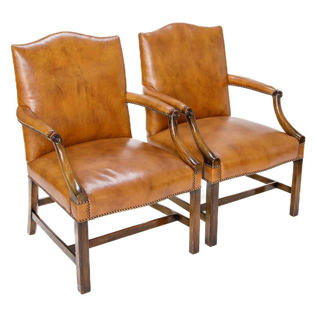 Pair of Vintage English Made Mahogany Gainsboro Style and Tobacco Leather Arm Chairs, Pair - 2