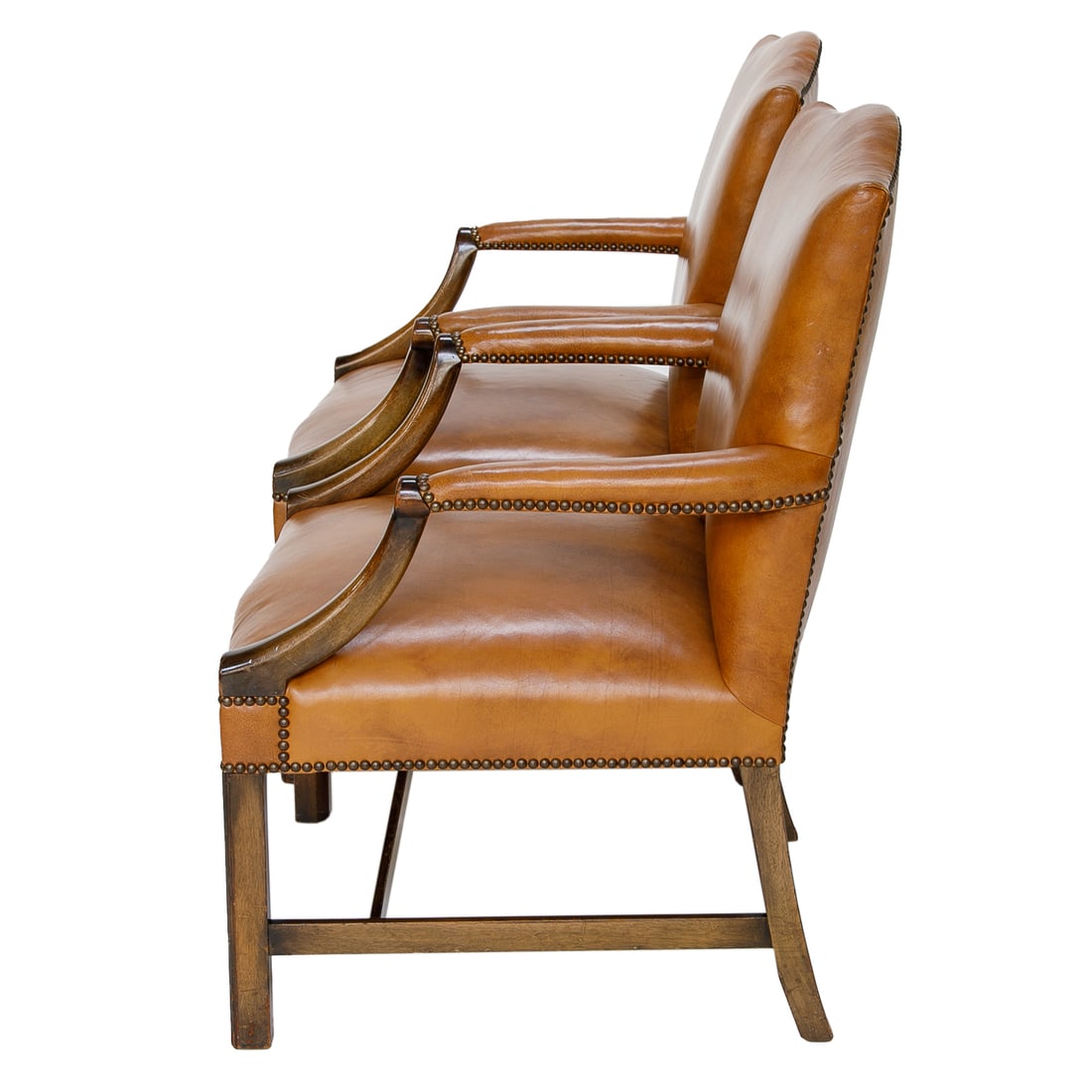 Pair of Vintage English Made Mahogany Gainsboro Style and Tobacco Leather Arm Chairs, Pair - 5