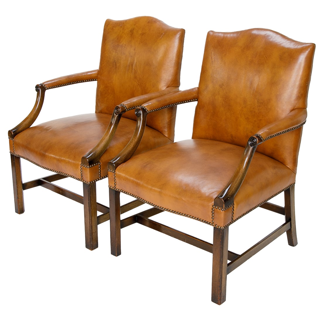 Pair of Vintage English Made Mahogany Gainsboro Style and Tobacco Leather Arm Chairs, Pair - 6