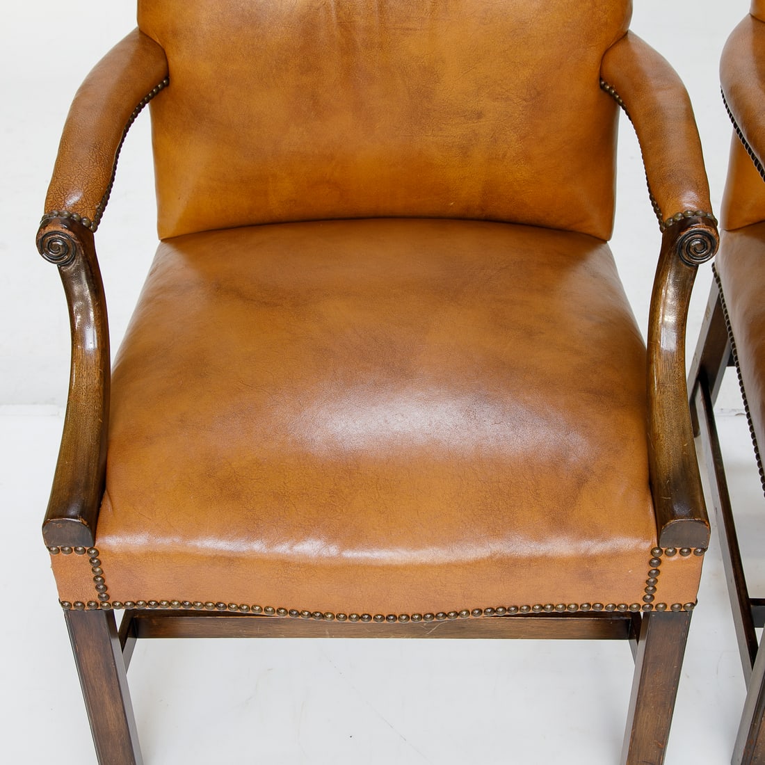 Pair of Vintage English Made Mahogany Gainsboro Style and Tobacco Leather Arm Chairs, Pair - 7