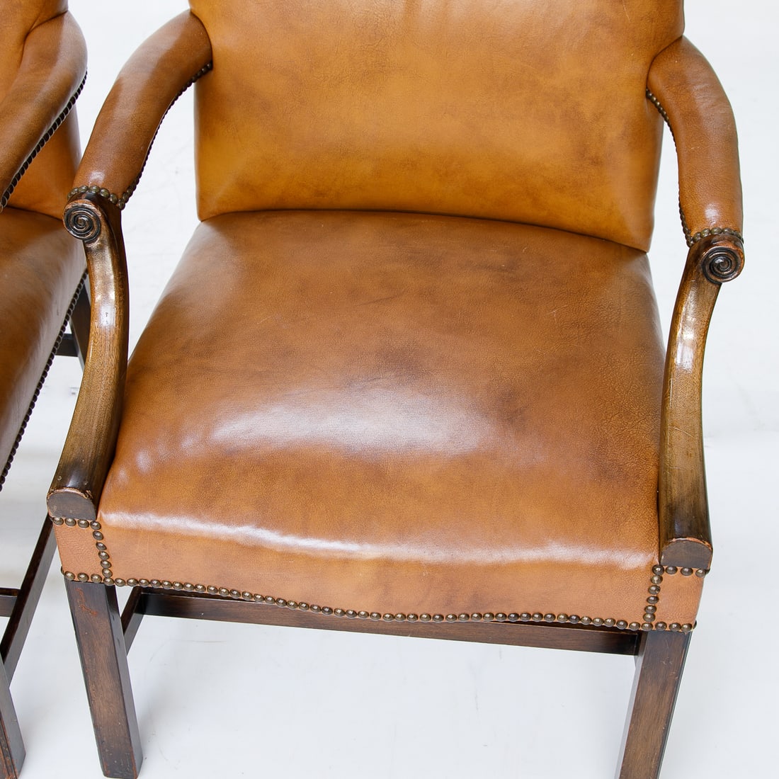 Pair of Vintage English Made Mahogany Gainsboro Style and Tobacco Leather Arm Chairs, Pair - 8