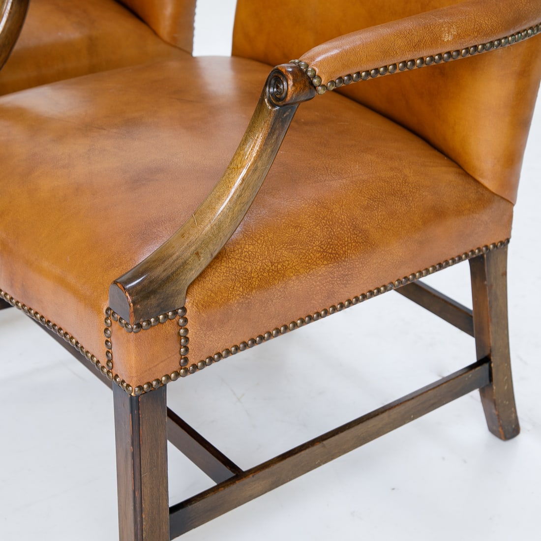 Pair of Vintage English Made Mahogany Gainsboro Style and Tobacco Leather Arm Chairs, Pair - 9