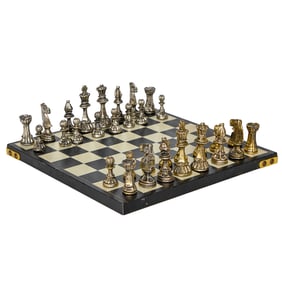 Late 20th C. Decorative Gilt and Silver Tone Metal Chess Set