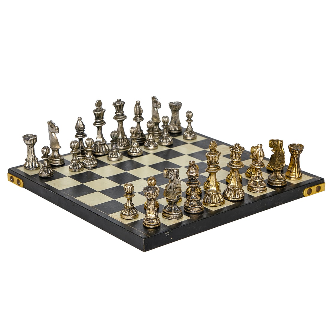 Late 20th C. Decorative Gilt and Silver Tone Metal Chess Set: Late 20th C. Decorative Gilt and Silver Tone Metal Chess Set, Having Ebony and White Leather Covered Board Featuring Metal Hinged Corners, 32 Cast Metal Chessmen in Contrasting Gilt and Silver Tone Fi
